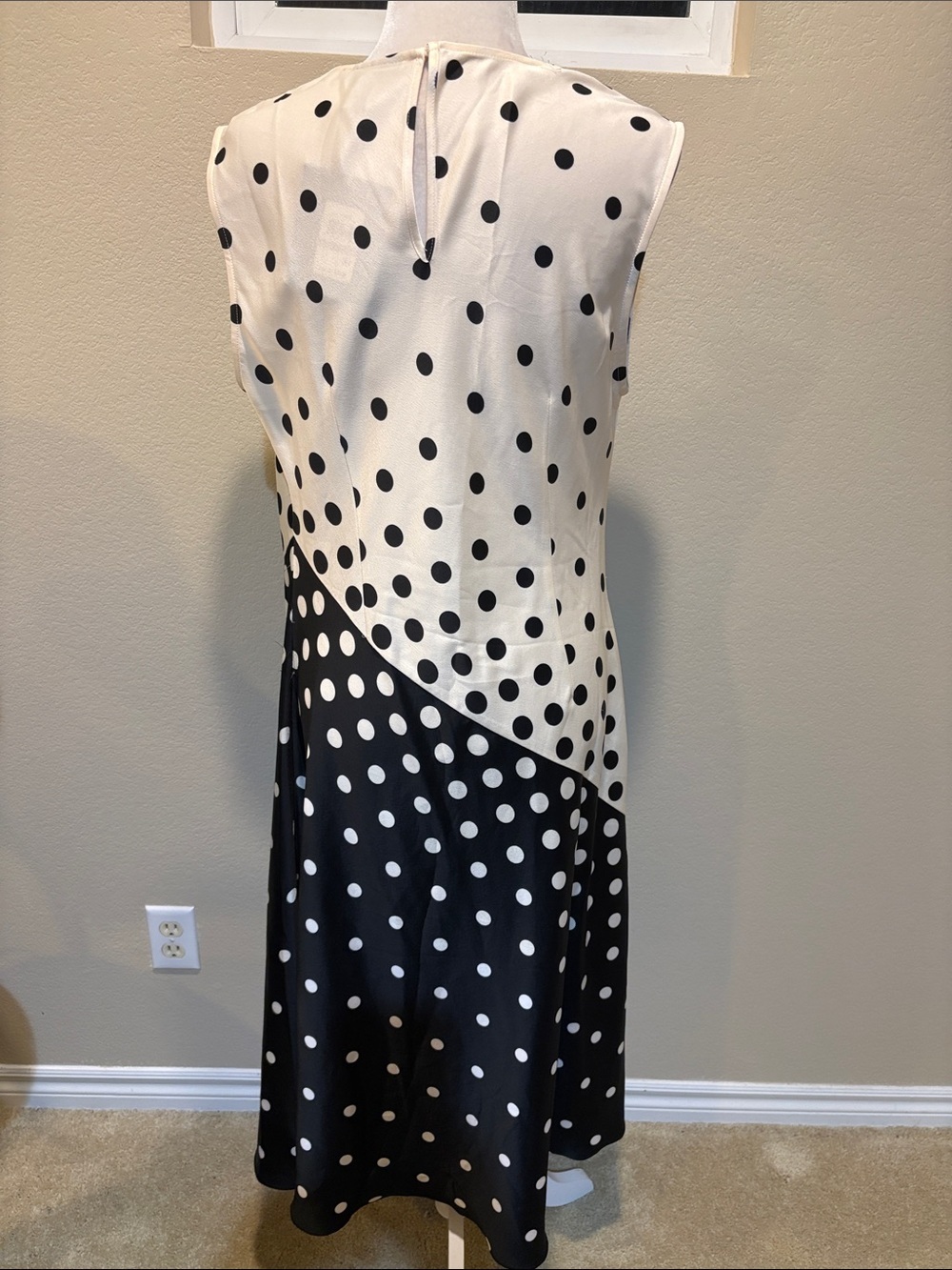 Halston Heritage Black and Cream Polka Dot Draped Midi Dress-Size 12 - Picture 3 of 12